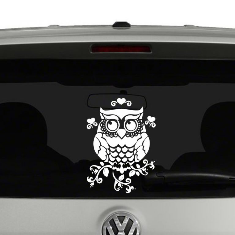 Owl on Branches with Hearts Vinyl Decal Sticker