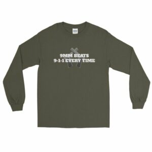 9mm Beats 911 Every Time 2nd Amendment Firearm Long Sleeve T-Shirt - Image 3