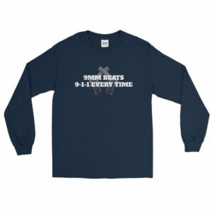 9mm Beats 911 Every Time 2nd Amendment Firearm Long Sleeve T-Shirt - Image 2