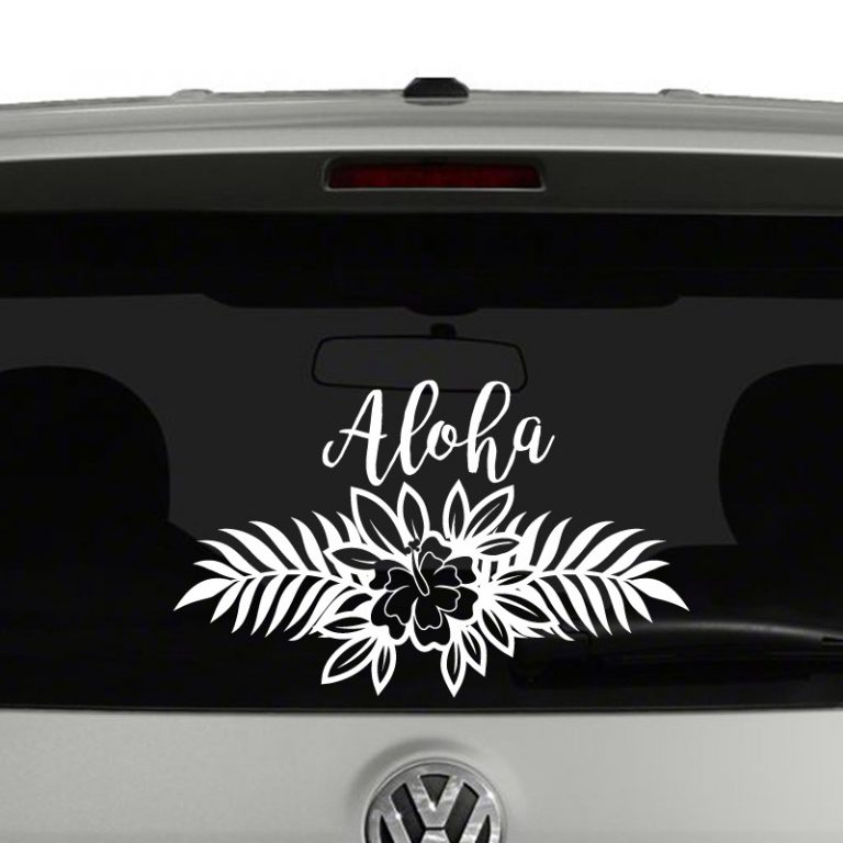 Aloha Hibiscus Flower and Leaves Vinyl Decal Sticker