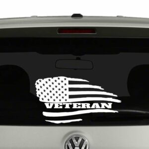 Veteran American Flag Waving Distressed Single Color Vinyl Decal Sticker