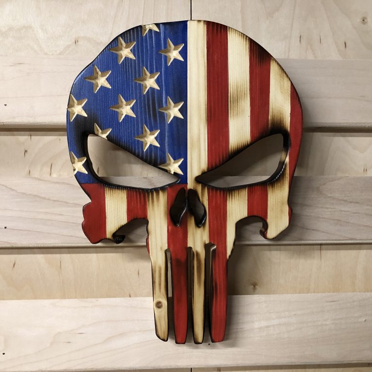 Wooden American Flag Punisher Skull 10"