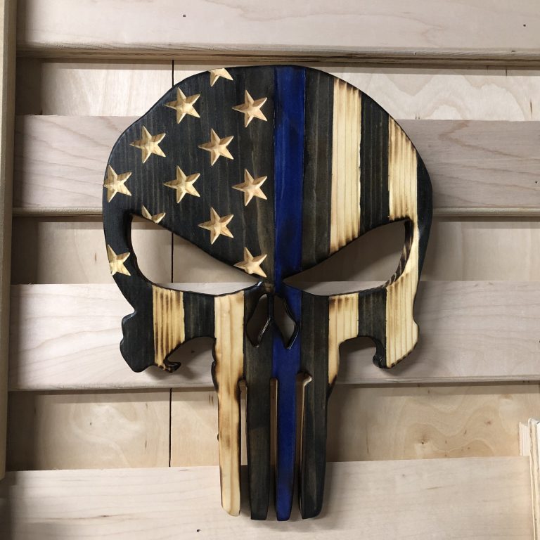 Wooden American Flag Punisher Skull Thin Blue Line