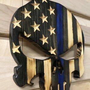 Wooden American Flag Punisher Skull Thin Blue LIne