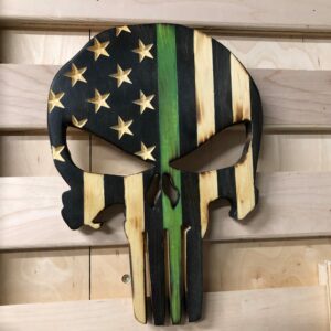 Wooden American Flag Punisher Skull Thin Green Line