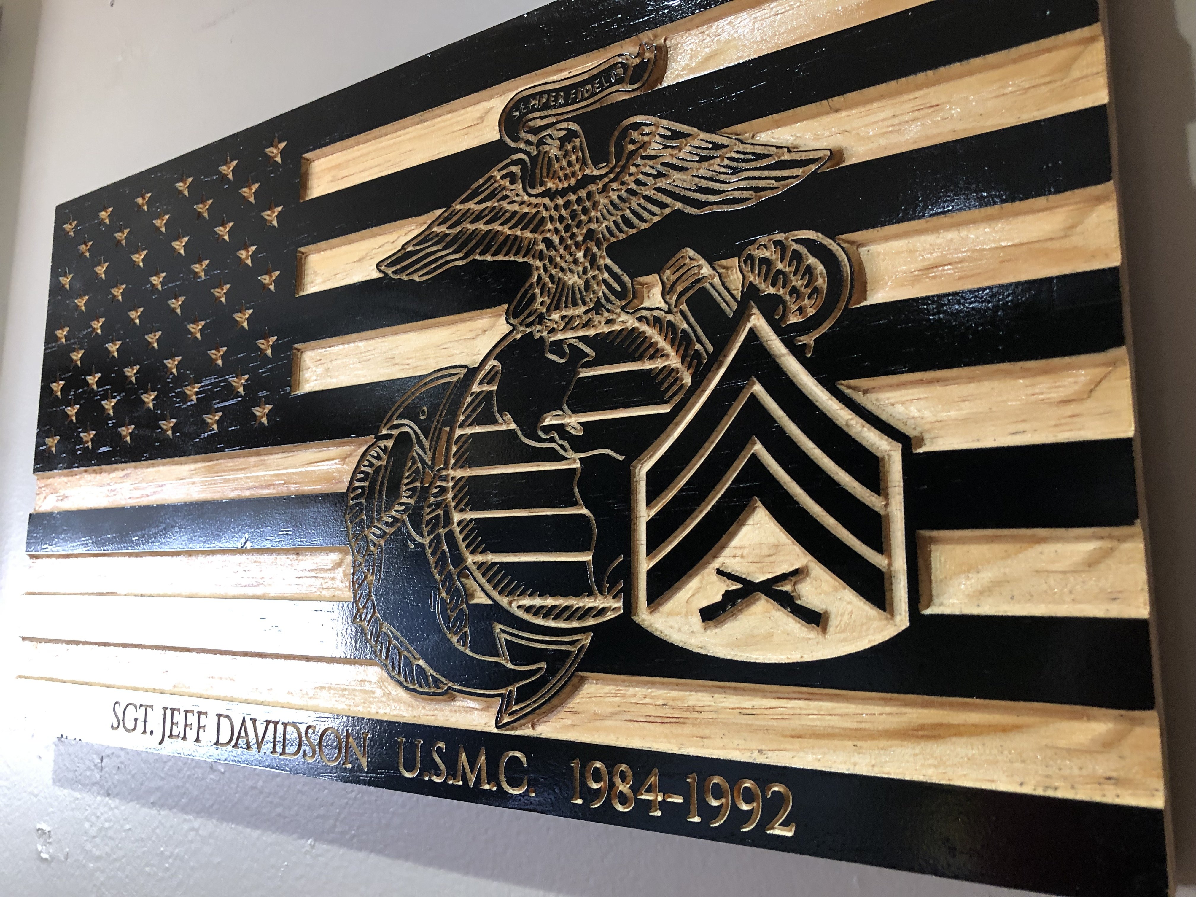 Wooden Carved American Flag Marine Corps EGA Rank Insignia • Cosmic