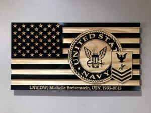 Wooden Carved American Flag Navy Emblem and Rank Insignia