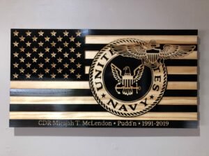 Wooden Carved American Flag Navy Emblem and Rank Insignia