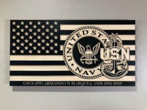 Wooden Carved American Flag Navy Emblem and Rank Insignia