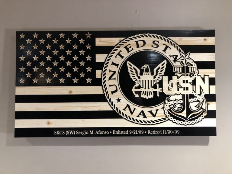 Wooden Carved American Military Flag Black and Natural Gloss 30" x 16"