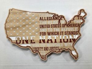 Wooden Carved United States Shaped Flag Pledge of Allegiance