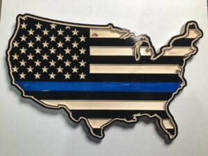 Wooden Carved United States Shaped Flag Thin Blue Line