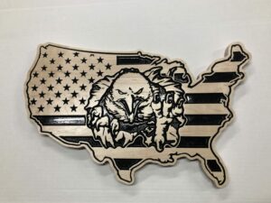 Wooden Carved United States Shaped Flag Eagle Bursting Through