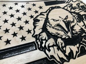 Wooden Carved United States Shaped Flag Eagle Bursting Through