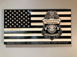 Wooden Carved American Flag Homeland Security Investigations Badge