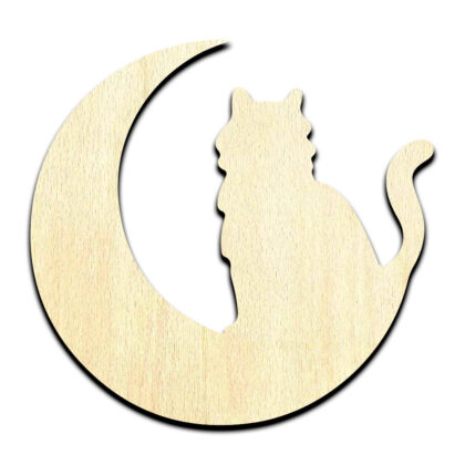 Cat in Moon Laser Cut Out Unfinished Wood Shape Craft Supply