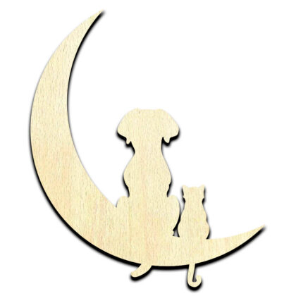 Cat Dog in Moon Laser Cut Out Unfinished Wood Shape Craft Supply