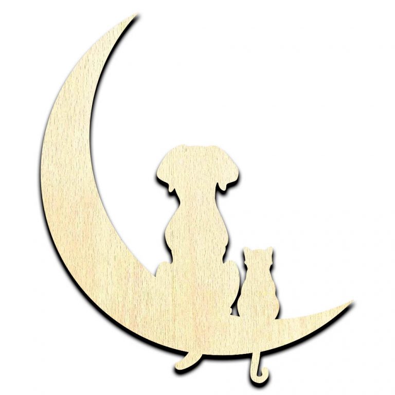 Cat Dog in Moon Laser Cut Out Unfinished Wood Shape Craft Supply