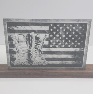 American Flag with Military Boots Laser engraved Acrylic Walnut or Maple Base