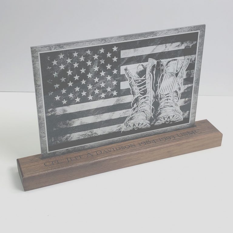 American Flag with Military Boots Laser engraved Acrylic Walnut or Maple Base