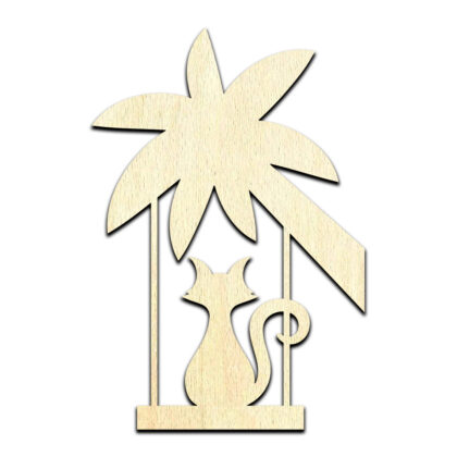 Cat on Palm Tree Swing Laser Cut Out Unfinished Wood Shape Craft Supply
