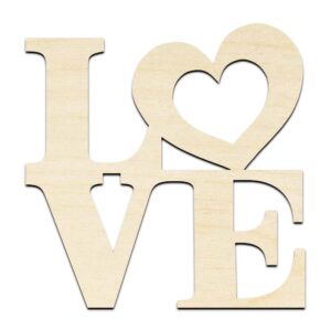 Love with Heart Word Text Laser Cut Out Unfinished Wood Shape Craft Supply