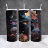 Black Space Cat with Flowers Stainless Steel Tumbler