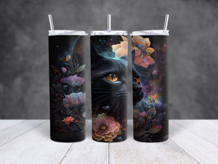 Black Space Cat with Flowers Stainless Steel Tumbler