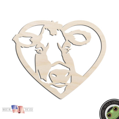 Cow Love Cow Face in Heart Laser Cut Out Unfinished Wood Shape Craft Supply