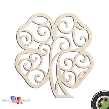 Four leaf Clover Shamrock #2 Swirls Laser Cut Out Unfinished Wood Shape Craft Supply