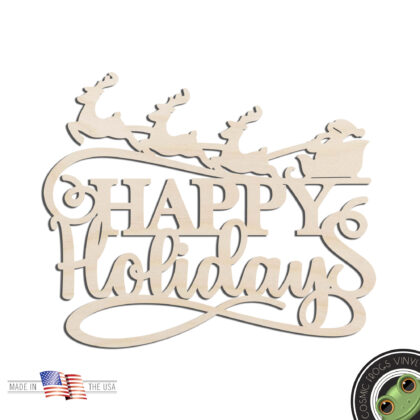 Happy Holidays #2 Sleigh and Reindeer Word Text Laser Cut Out Unfinished Wood Shape Craft Supply