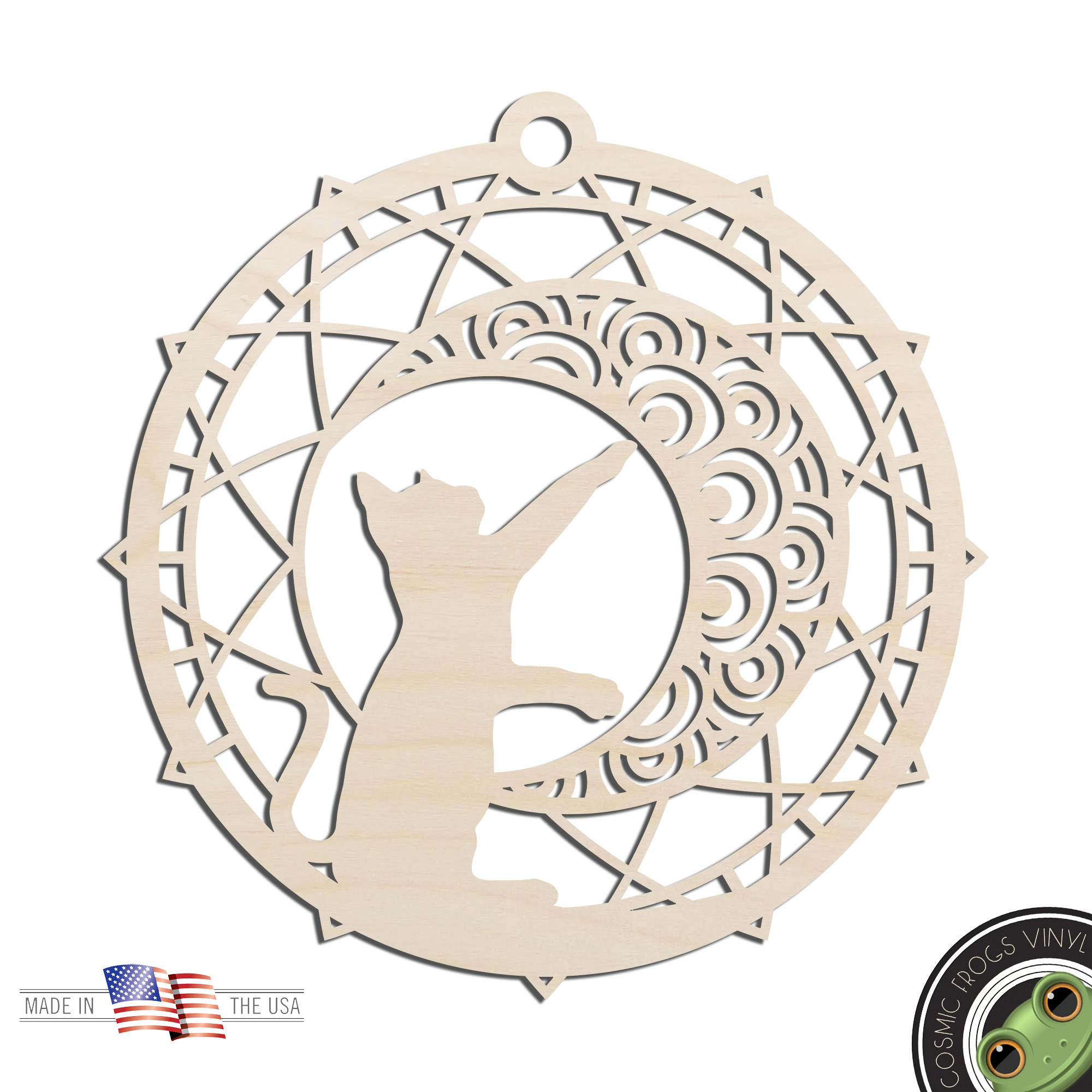Cat and Moon Sun Catcher Dream Catcher Laser Cut Out Unfinished Wood Shape Craft Supply